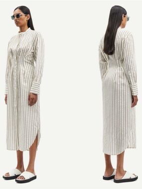 Samsoe Samsøe Sabosse Striped Midi Shirt Dress Pleated Small Pockets Luxury Boho